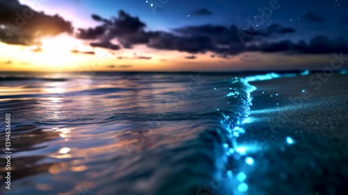 Microscopic plankton emitting a blue glow as ocean waves ripple at night