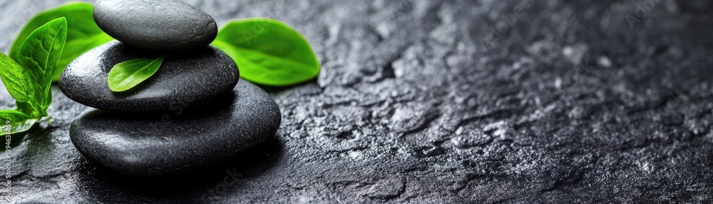 Zen stones and leaves on dark surface Zen stones and leaves on dark surface