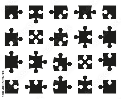 Set of black minimalist pieces puzzle icon. Jigsaw puzzle pieces simple silhouette template. Jigsaw puzzle mockup for concept illustrations. Puzzle isolated on a white background.