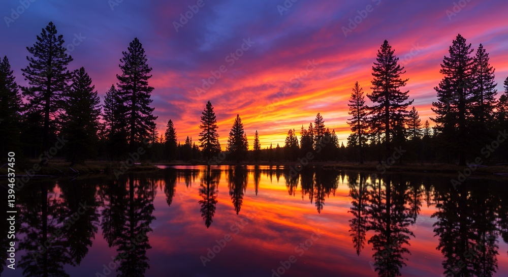 Fototapeta premium Vibrant Sunset over Still Lake with Silhouetted Pine Trees
