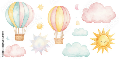 Watercolor hot air balloon clipart set with clouds, sun, and rainbow on a white background.