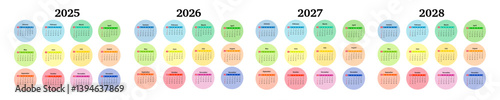 Set of calendars for 2025, 2026, 2027 and 2028 on a white background