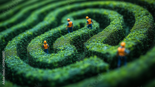 Tiny workers navigating giant maze made of hedges, showcasing teamwork and determination in lush green environment