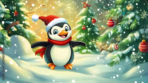 Cute Penguin Christmas Card Winter Snow Scene photo