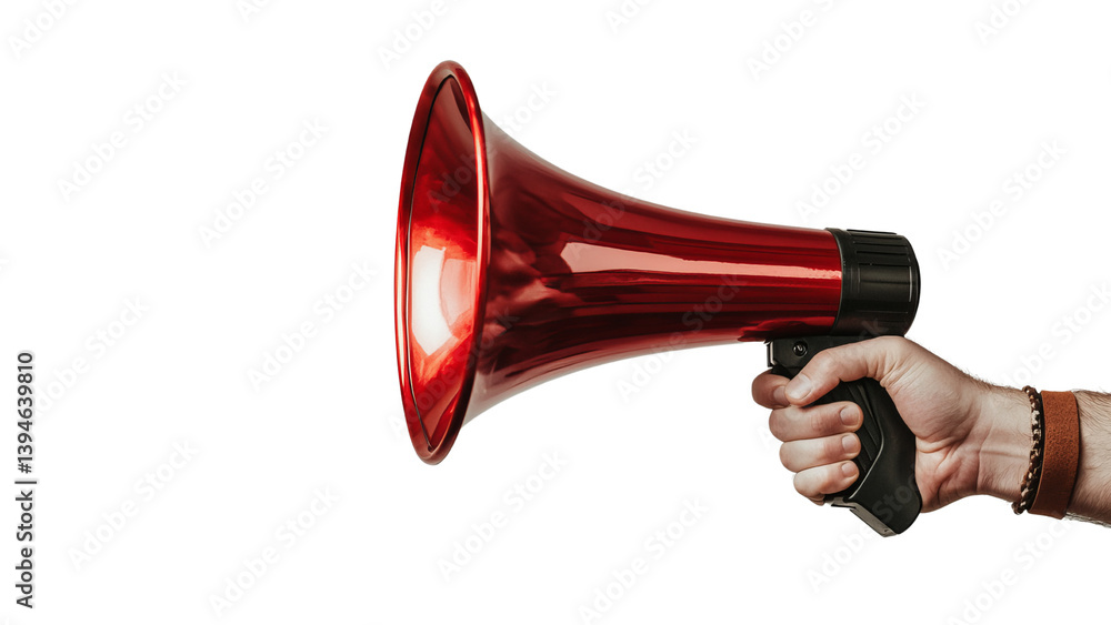 Png of A close-up of a hand gripping a vibrant red megaphone, symbolizing communication and loud messaging. Png of A close-up of a hand gripping a vibrant red megaphone, symbolizing communication and loud messaging.