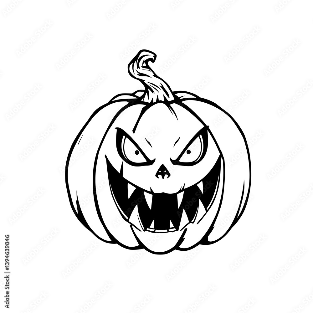 Obraz premium Spooky Halloween pumpkin: A chilling monochrome illustration of a carved pumpkin, its menacing grin and piercing eyes exuding the spirit of Halloween. 