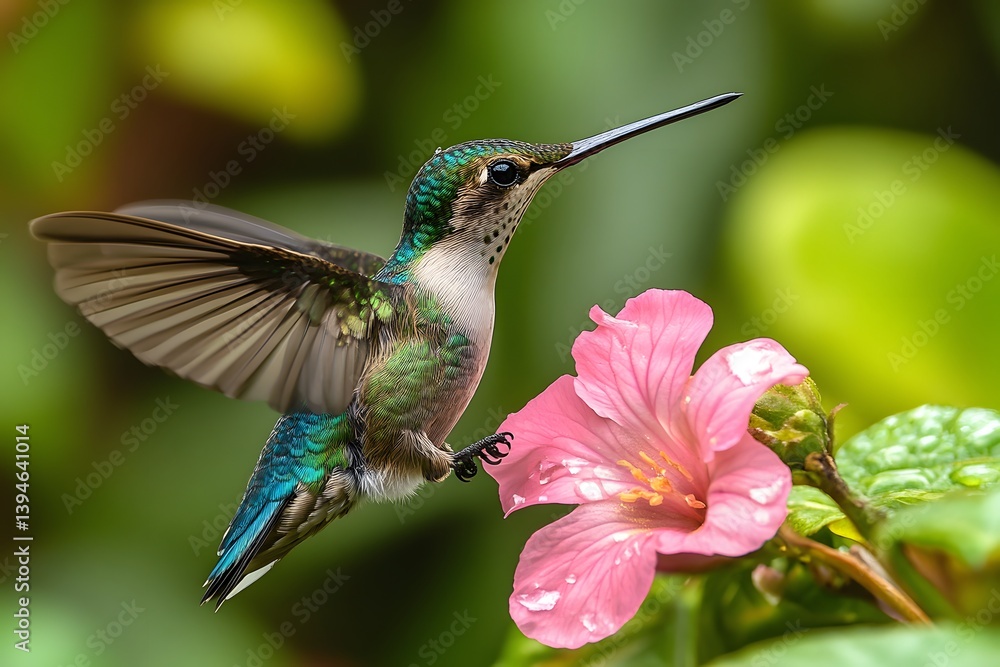 Fototapeta premium Hummingbird Hovering and Feeding on Pink Flower in Sunlit Garden, Nature Wildlife Photography