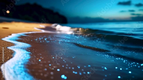Microscopic plankton emitting a blue glow as ocean waves ripple at night