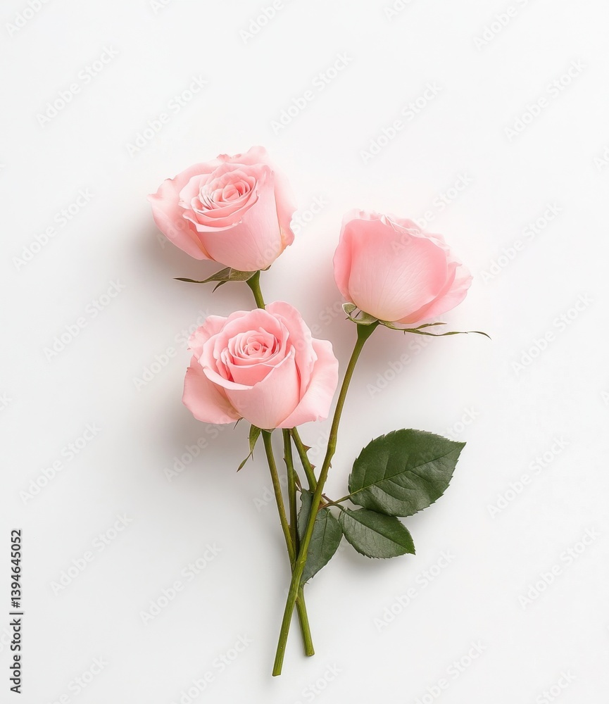 Fototapeta premium Three pink roses are arranged in a row, with one of them having a green leaf