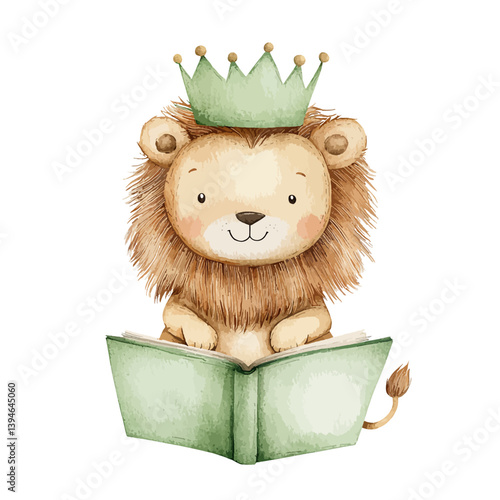Lion King Reader: A charming watercolor illustration depicts a regal lion cub with a green crown engrossed in a captivating book, blending playfulness with a touch of royalty.