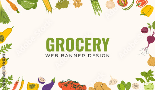 Vector vegetables frame with arugula, asparagus, pepper, eggplant, tomato, lettuce, broccoli, garlic, beet, onion, pumpkin, kohlrabi, parsley For seasonal Local Farmers Market Organic Harvest Festival