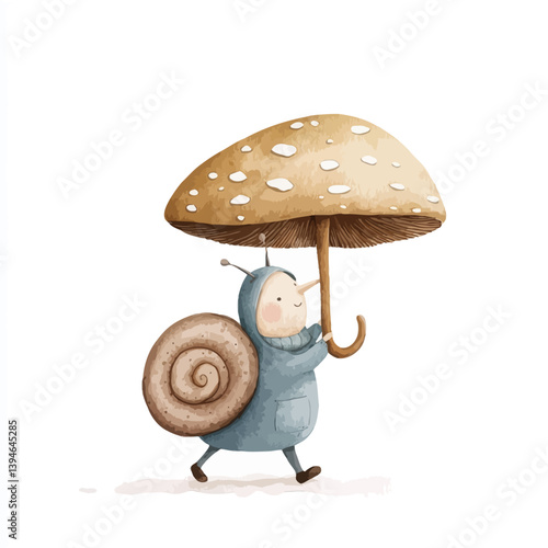 Snail-Shaped Character: A charming, whimsically designed character, shaped like a snail, strolls through a vibrant scene while sheltering beneath a unique mushroom-shaped umbrella.