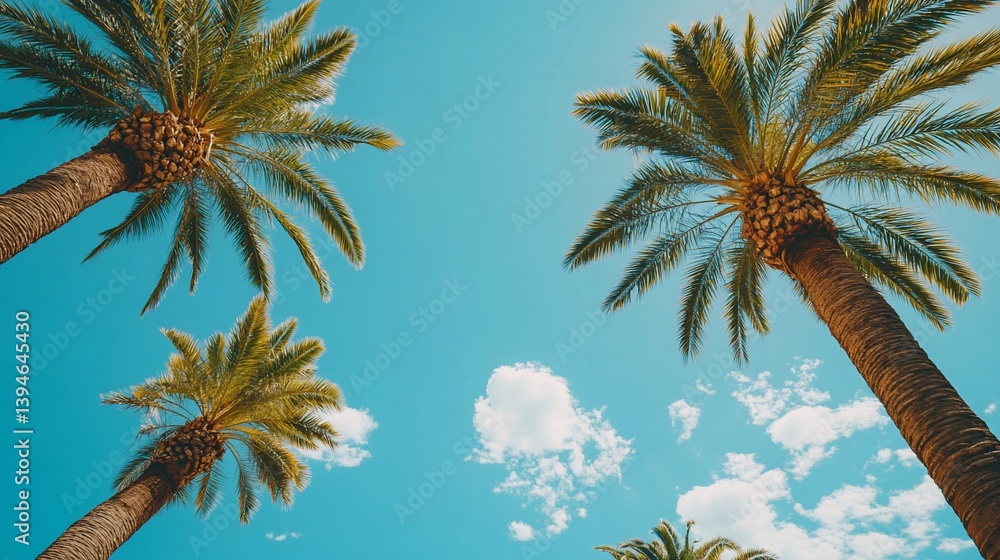 Fototapeta premium Tropical Paradise: Palm Trees Against a Vivid Blue Sky