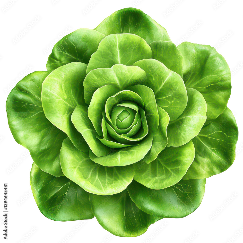 Fototapeta premium Green Lettuce: An overhead close-up captures the intricate textures and vibrant, leafy layers of fresh, green lettuce in a still life presentation. 