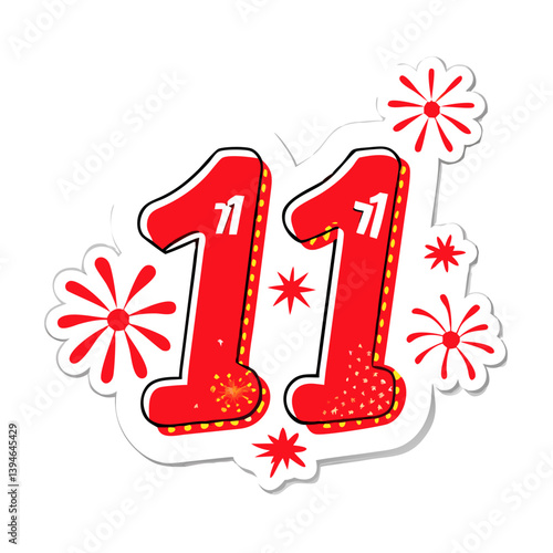 Double number 11 in red with fireworks in cartoon celebration style