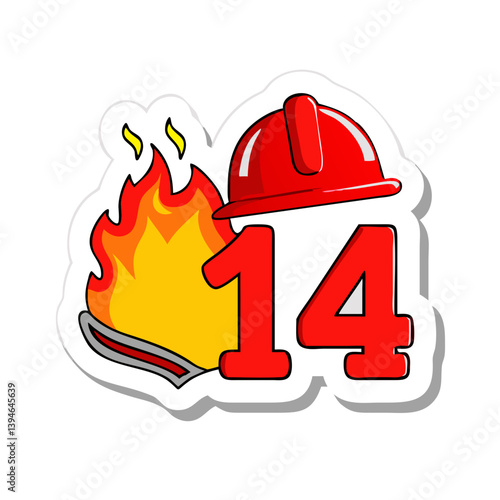 Number 14 with fire and firefighter helmet in emergency cartoon vector style