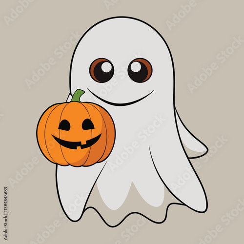 Cute Ghost Holding Pumpkin Vector Illustration: Halloween Character