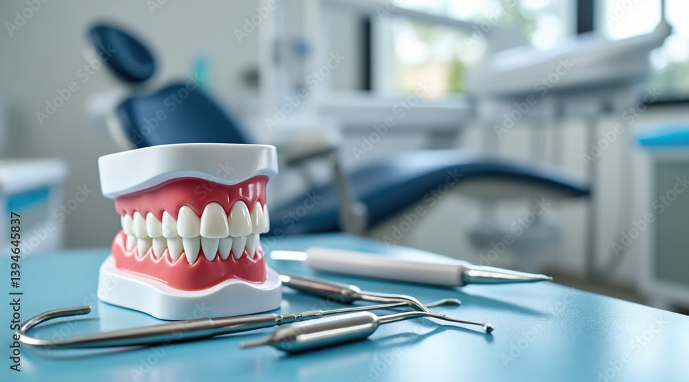 detailed close up of tooth model alongside dental tools in modern dental clinic, importance of oral health