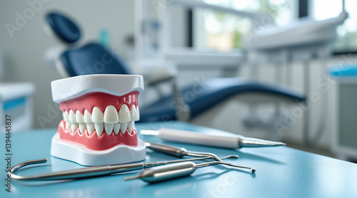 detailed close up of tooth model alongside dental tools in modern dental clinic, importance of oral health