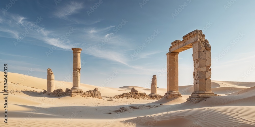 Ancient desert ruins with columns and sandy landscape.