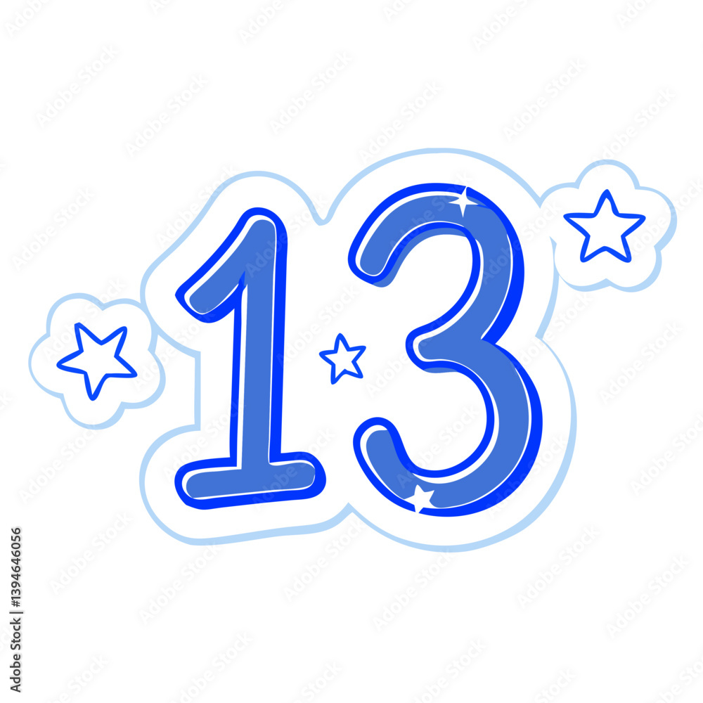 Cartoon number 13 in blue with stars and outlines Cartoon number 13 in blue with stars and outlines