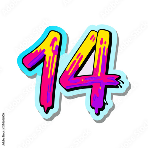Bright cartoon number 14 in neon pink and blue