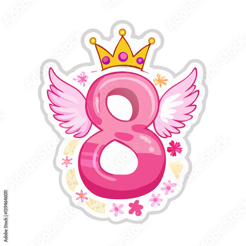 Cartoon number 8 with pink wings and stars in princess theme