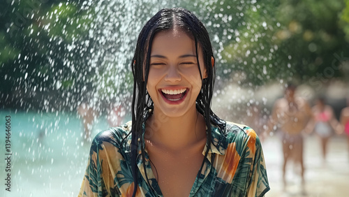 Smiling foreign woman in a soaked tropical shirt being splashed with water while laughing, people blurred in the background