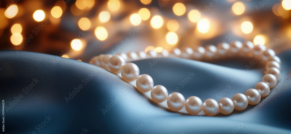 Elegant pearl necklace resting on luxurious fabric with soft bokeh background Elegant pearl necklace resting on luxurious fabric with soft bokeh background