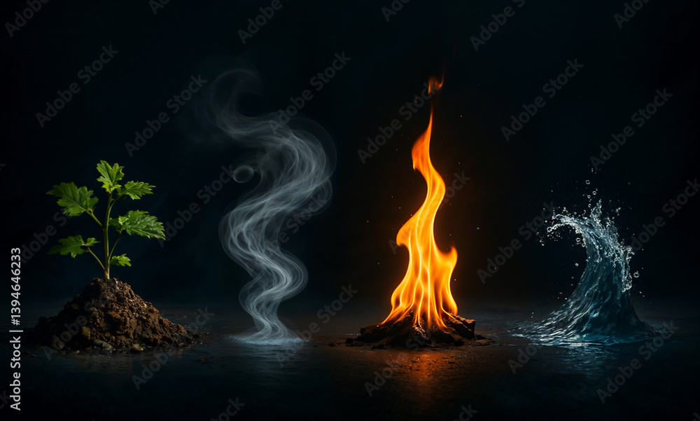 Obraz premium Surreal Fantasy Representation of the Four Elements Formed in a Unified Spiral Design