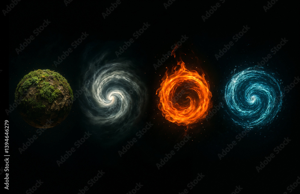 Obraz premium Mystical Representation of the Four Elements of nature on a Dark Background