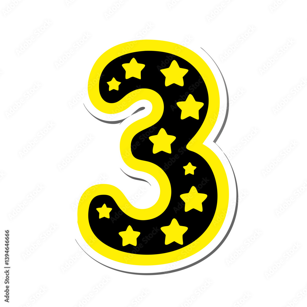 Naklejka premium Black number 3 with yellow stars in sticker cartoon vector design