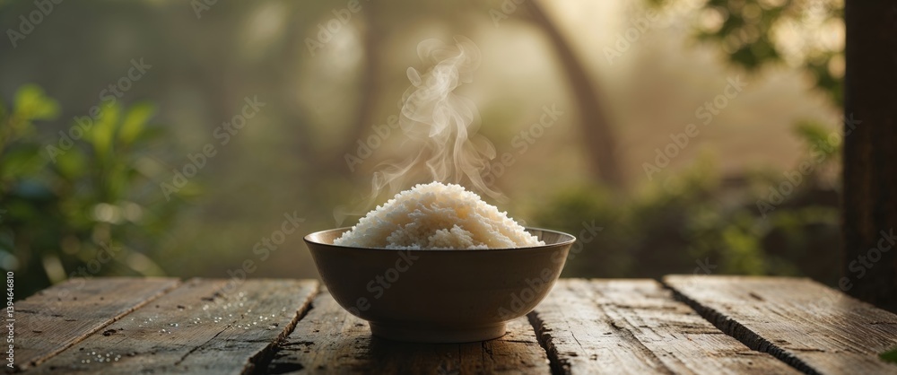 Obraz premium Steaming Bowl of White Rice on Wooden Table with Nature Background