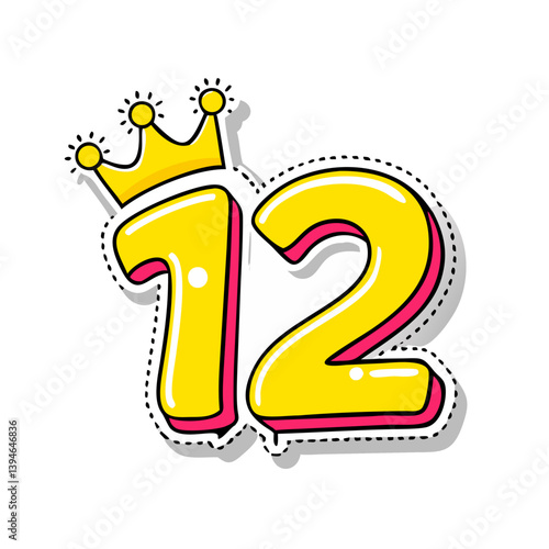 Crowned yellow number 12 in outlined cartoon sticker vector style