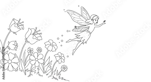 Whimsical Fairy Soaring Above Basic Outlined Flowers Coloring Sheet Fantasy Art for Childrens Entertainment
