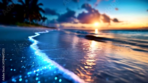 Microscopic plankton emitting a blue glow as ocean waves ripple at night