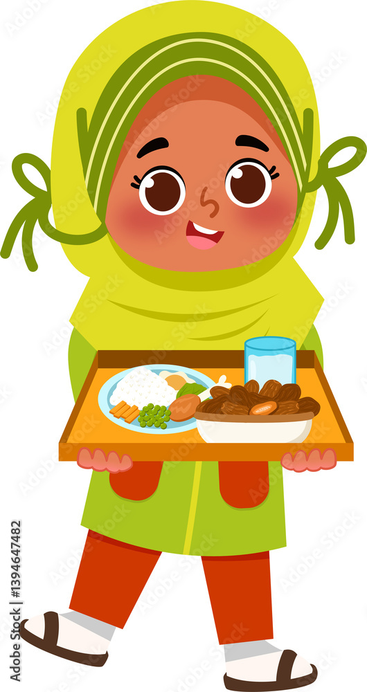Smiling Girl in Hijab Carrying Tray of Food and Drink Smiling Girl in Hijab Carrying Tray of Food and Drink