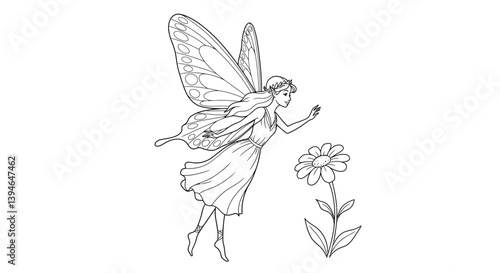 Butterfly Winged Fairy Hovering Above Basic Flower Coloring Sheet Whimsical Creature Art For Kids Coloring Fun