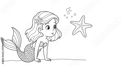 Wide Eyed Mermaid Gazing At Basic Starfish Coloring Sheet Underwater Exploration Theme For Kids Creative Fun
