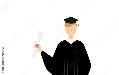 卒業ガウンを着て角帽をかぶった白人の男子卒業生が卒業証書を持つシンプルなイラスト