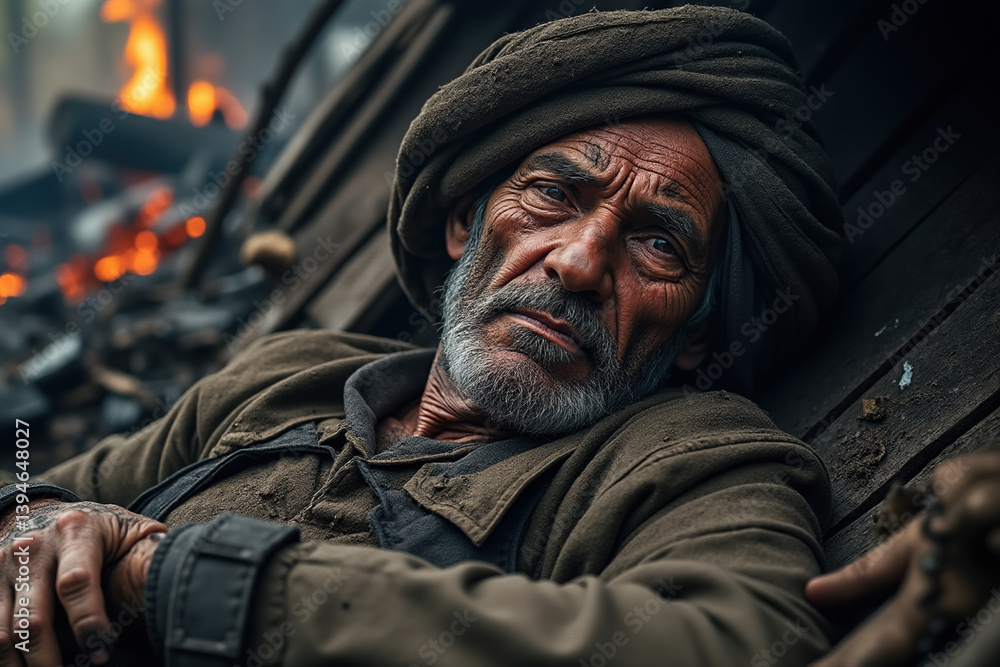 weathered man with deep lines his face gazes thoughtfully, surrounded by dramatic backdrop of fire and destruction. His expression conveys
