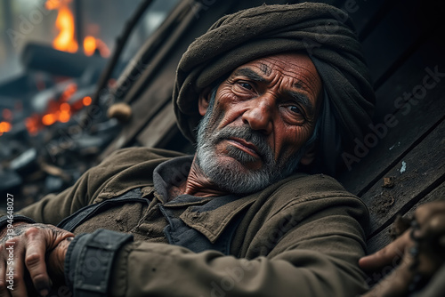 weathered man with deep lines his face gazes thoughtfully, surrounded by dramatic backdrop of fire and destruction. His expression conveys