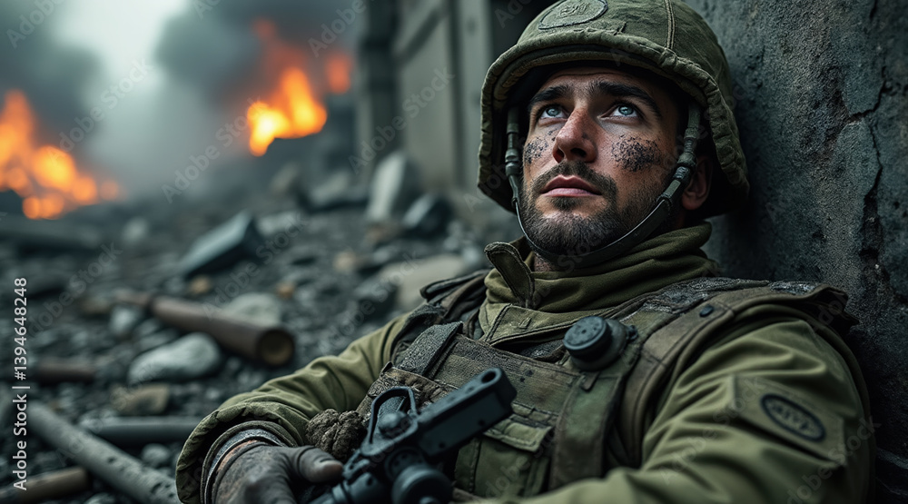soldier in combat zone, displaying determination and resilience amidst chaos, with flames and debris in background