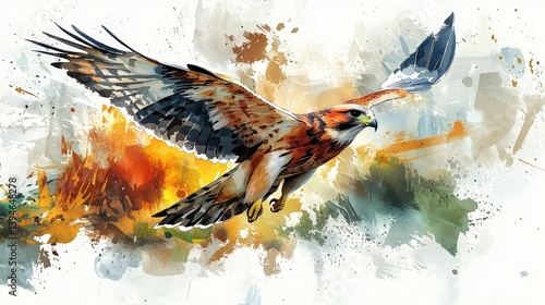 Striking Falcon in Mid Flight Captured in Watercolor Realism Style with Vibrant Colors and Dynamic Motion, Showcasing Nature's Majestic Beauty