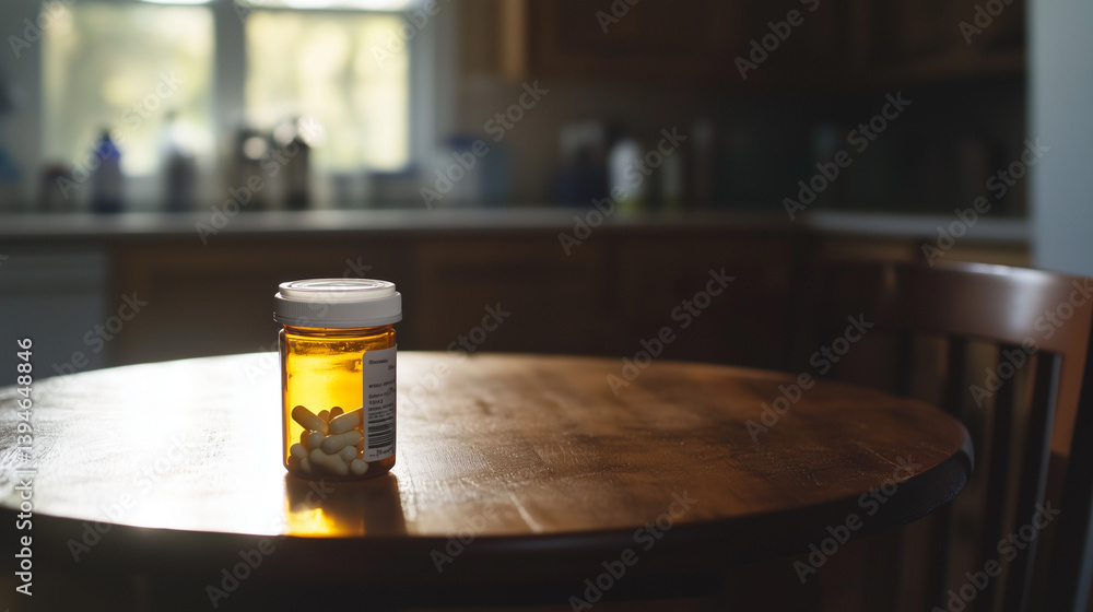 Close-up of empty prescription bottle on wooden table , Healthcare addiction recovery concept, mental health awareness, medication management and somber mood of depression or chronic illness.