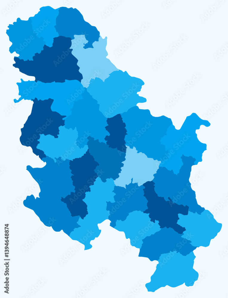 Obraz premium Map of Serbia with regions. A simple country border map with region division. Light blue color palette. Flat Republic of Serbia shape with administrative division. Vector illustration.