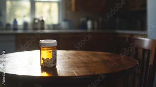 Obraz na płótnie Close-up of empty prescription bottle on wooden table , Healthcare addiction recovery concept, mental health awareness, medication management and somber mood of depression or chronic illness. w salonie