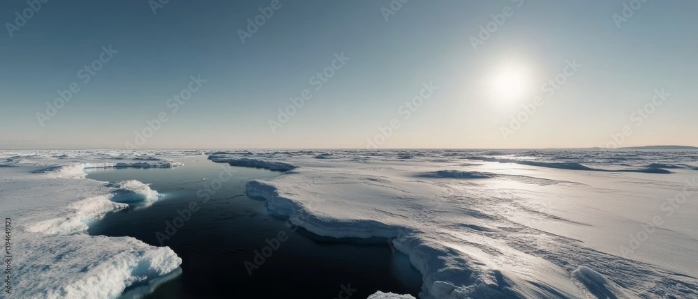 Fototapeta premium A sweeping view of a frozen arctic landscape, with vast ice sheets and a low sun, capturing the beauty and harshness of a remote environment.