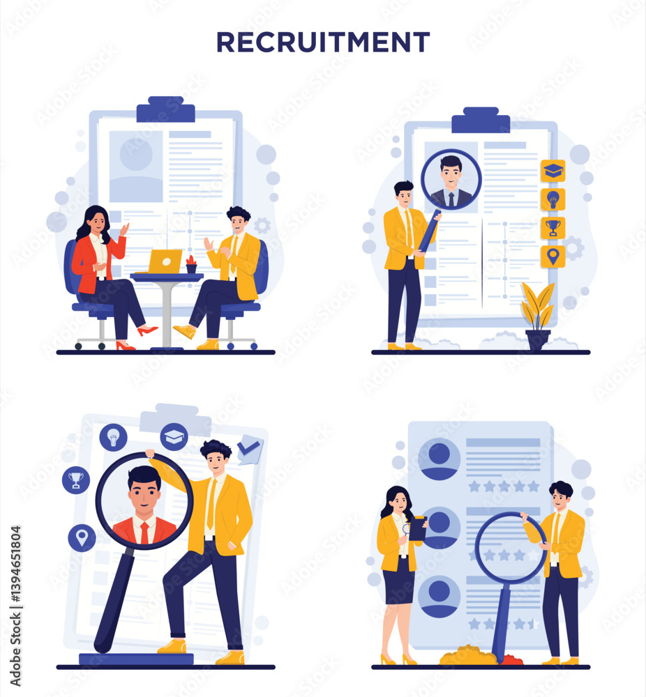 Set of Recruitment concept human resources showing job hiring, resume review, and candidate selection process illustration Set of Recruitment concept human resources showing job hiring, resume review, and candidate selection process illustration
