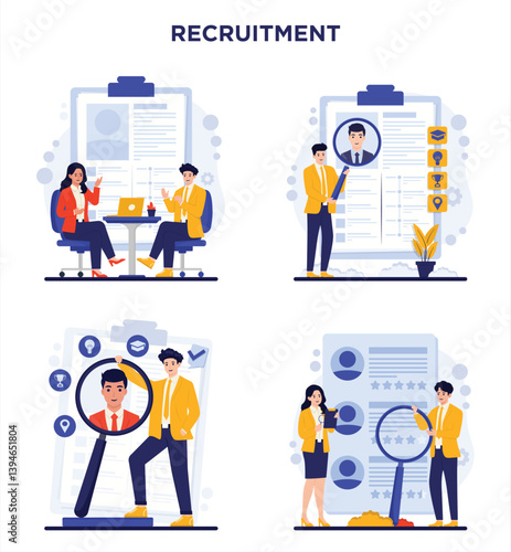Set of Recruitment concept human resources showing job hiring, resume review, and candidate selection process illustration